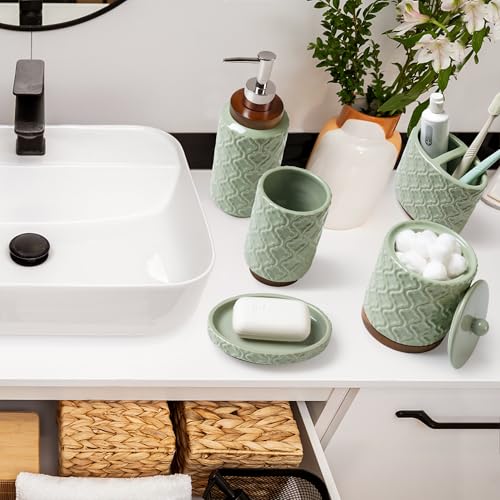RQYIXI Elegant 5 PCS Ceramic&Wood Bathroom Accessories Set:Soap Dispenser,Toothbrush Holder,Tumbler,Soap Dish,Cotton Swab Jar,Easy to Clean,Quatrefoil Pattern,Green-Affordable Home Luxury - color: Green-5pcs