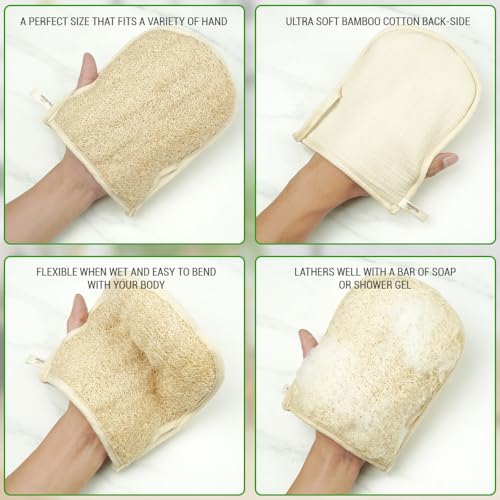 Premium Vietnamese Natural Loofah Gloves – Exfoliating Body Scrubber Mitts with Thumb Holes, Easy Grip Design, for Men & Women, Shower & Bath (Pack of 2)
