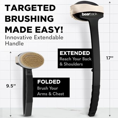 Bearback Dry Brushing Body Brush with Natural Bristles - Premium Exfoliating Brush for Shower or Dry Brushing | Long Folding Handle, Removable Brush Head