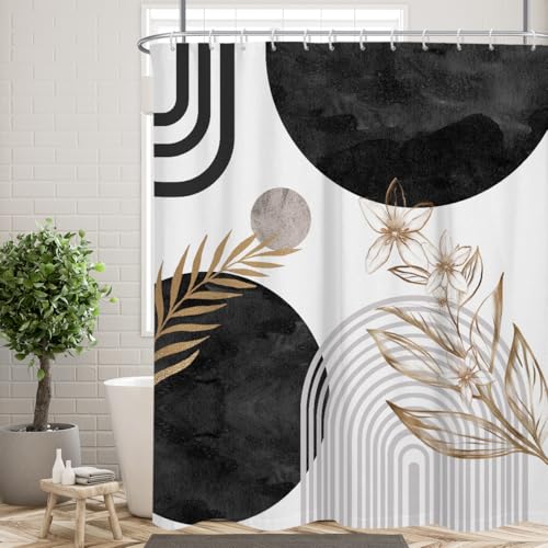 Black and Gold Shower Curtain Large Extra Long Abstract Boho White Gray Grey Mid Century Modern Geometric Contemporary Leaves Fabric Cloth Bathroom Decor Set 72x84 inch Polyester 12 Hooks - color: Black, size: 72"W x 84"L (Pack of 1)