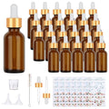 24 Pack 1oz Amber Glass Bottles with Golden Top Eye Droppers for Essential Oils, Perfumes (Brush, Funnels, 2 Extra Droppers, 36 Pieces Labels & 30ml Measuring Cup Included) - color: Amber-Gold Cap
