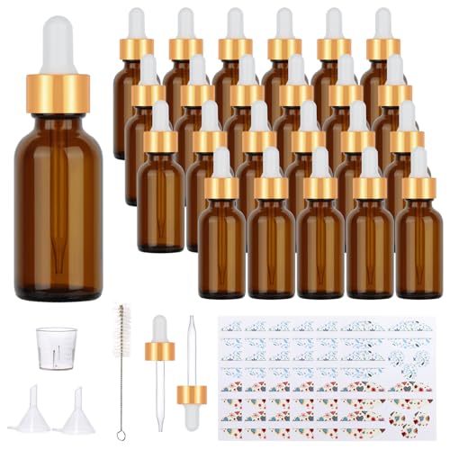 24 Pack 1oz Amber Glass Bottles with Golden Top Eye Droppers for Essential Oils, Perfumes (Brush, Funnels, 2 Extra Droppers, 36 Pieces Labels & 30ml Measuring Cup Included) - color: Amber-Gold Cap