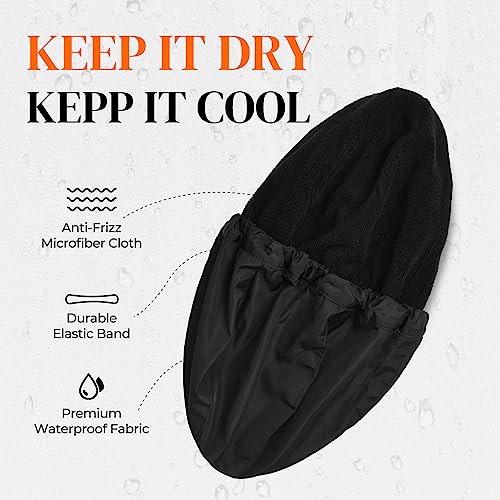 Shower Cap for Men Black Bath Cap, Reversible Terry Lined Large Waterproof Adjustable Shower Caps Elastic Band Stretch Hem Hair Hat for braids - color: BLACK