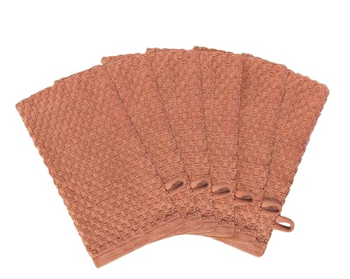 COTTON CRAFT Bath Mitt - 6 Pack Euro Spa Waffle 100% Cotton Towel Mitts | Large 5.5x10 inches Mocha Exfoliating Gloves - Sensitive Skin Friendly - Body Bath Shower Glove Washcloth with Hanging Loop - color: Mocha - Bath Mitt