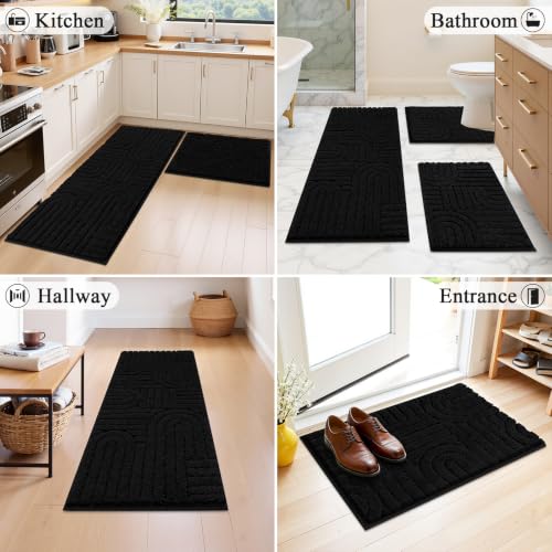 Vaukki Bathroom Rugs Sets 3 Piece, Black Washable Non Slip Soft Bath Mats for Shower and Tub, Plush Absorbent Microfiber Toilet Rug U Shaped, 48x20+26x18+24x20 Inch - color: Black, size: 18''x26''+20''x48''+20''x24''