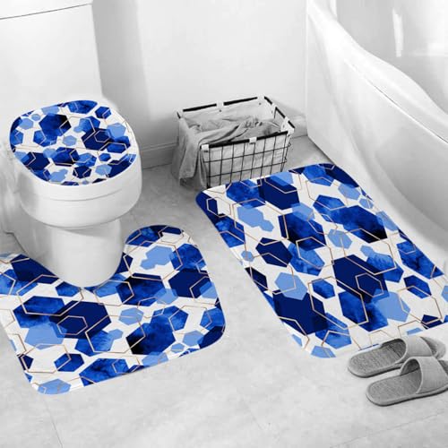 4Pcs Blue White Geometric Shower Curtain Set, Neutral Modern Art Deco Shower Curtain with Hooks, Elegant Trendy Simple Bathroom Sets with Shower Curtain and Rugs, 71 * 71in - color: Blue