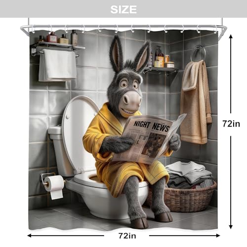 Newsely Funny Donkey Shower Curtain 72Wx72L Inch Grey Animal Masculine Wildlife Sitting On The Toilet Reading Newspaper Bathroom Set Modern Kids Boys Waterproof Bath Decoration Accessories Home Decor - color: R-donkey, size: 72"W x 72"L (Pack of 1)