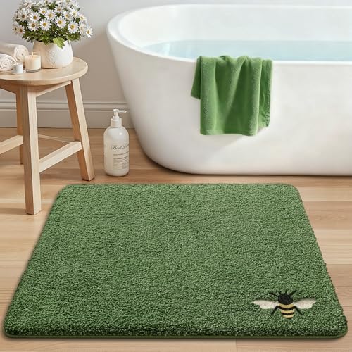 LUMI Green Bathroom Rugs, Cute Bee Mats, Absorbent Soft Square Bath Mat Non-Slip, Machine Washable Quick Dry Luxury Rug for Floor, Shower, Kids Room, Bathtub, Home Decor, 26"x26" - color: A-green Bee, size: 26"x26"(Square)