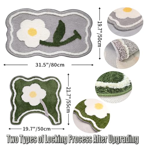 Bathroom Rug Set 2 Piece, Soft Cute Bath Mat and U-Shaped Contour Toilet Rug, Absorbent Microfiber Plush Bath Rug Set, Non-Slip Bath Carpet Machine Washable, 32x20 Plus 22x20 inches - color: Grey 32x20" + Green 22x20"