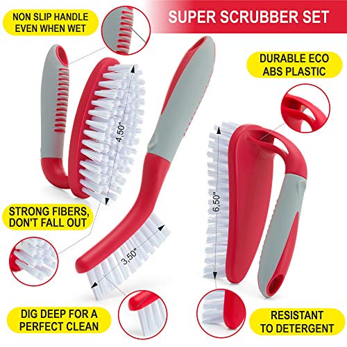 Scrub Brush Set of 6 pcs - Red or Blue Randomly Color, Cleaning Shower Scrubbers with Squeegee for Shower Glass & Adhesive Wall Hooks Including Grout Cleaner Brush for Cleaning Bathroom, Tile - color: Red Or Blue Randomly, Set of 6