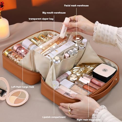 Travel Makeup Bag, Large Capacity Cosmetic Bags for Women, Waterproof Portable Pouch Open Flat Toiletry Bag Make up Bag (Brown) - color: Brown