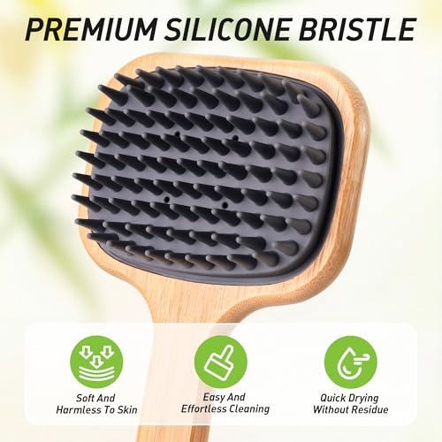 NURENDER 16.92'' Double-Sided Back Scrubber for Shower, Silicone Back Bath Brush Ideal for Sensitive Skin, Exfoliating, with Anti-Slip Bamboo Handle & Hanging Loop, Dry Body Brush for Men, Women - size: 16.92 Inch