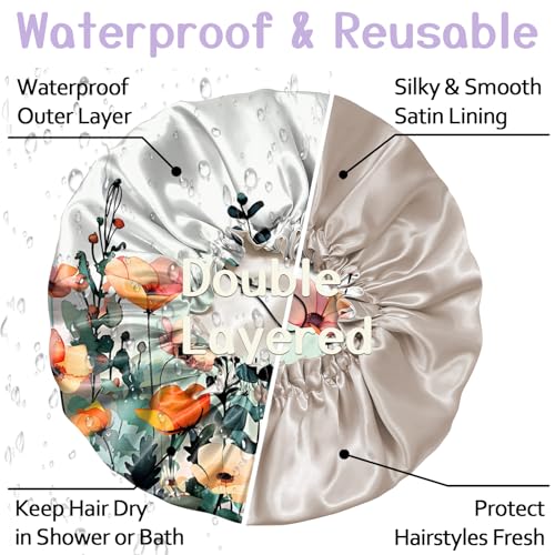 Luxury Shower Cap Silk Satin Lined Waterproof Reusable Adjustable Elastic Dry Hair Bathing Caps Cute for Women Girls-Floral Leaf - color: C-3-Floral Leaf