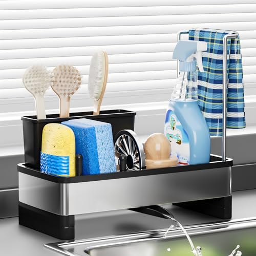Ewaiira Stainless Steel Sink Caddy, Sponge Holder for Kitchen Sink with Brush Holder and Towel Rack, Sink Organizer for Countertop, Soap Kitchen Organizers Storage Essentials (A-Black) - color: A-black