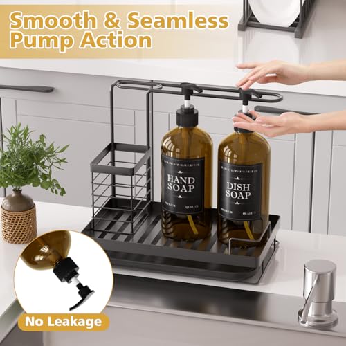 Kitchen Dish Soap Dispenser Set with 2 Pack 17oz Amber Glass Bottles - Rustproof Stainless Steel Organizer & Removable Tray - Farmhouse Soap and Sponge Caddy for Kitchen Sink Countertop Decor