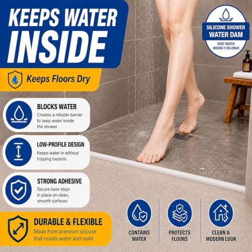 Shower Threshold Water Dam Barrier, 1.2 x 0.55 in, White | Flexible silicone water barrier for showers, sinks, and countertops; choose the size, height, and color that fits your space. - color: White, style: 0.55in x 98in
