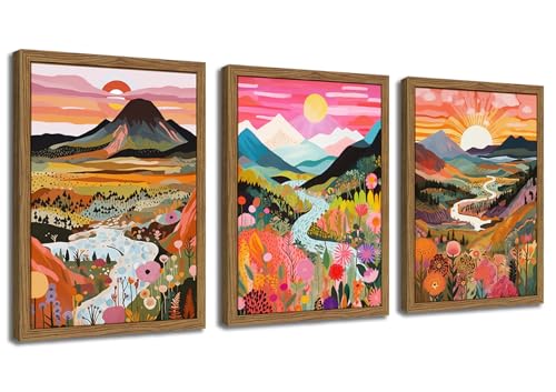 Wood Framed Boho Colorful Landscape Canvas Wall Art Set of 3 - Abstract Mountain Wall Decor Paintings, Nature Floral Poster Prints Aesthetic Home Decor for Living Room Bathroom Bedroom 16x24 inch - color: Colorful Boho, size: 16x24Inch Framed
