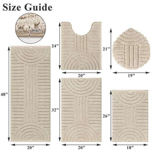 SHACOS Bathroom Rugs Sets 5 Piece Ultra Soft Absorbent Microfiber | Bath Mat with Bath Runner, U Shape Contour Rug, Toilet Lid Cover, Non Slip Machine Washable Carpet for Bedroom, Light Beige - color: Light Beige