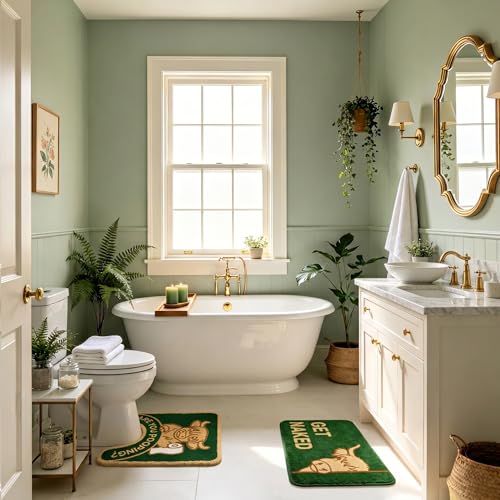 2PCS Highland Cow Bathroom Rug Set, Funny Non Slip Bath Mat & Toilet Rug | Matching Highland Cow Design • Funny Farmhouse Bathroom Decor • Quick Dry • Absorbent • Great Housewarming Gift - color: Highland Cow