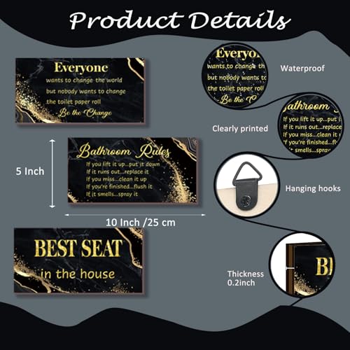 DONFENTHY 3 Pieces Black Gold Bathroom Decor Bathroom Rules Wall Art Rules Signs Best Seat in The House Farmhouse Wooden Sign for Toilet Wall Decor (Black Gold 10x5") - color: Black Gold