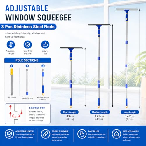 Window Squeegee with Extension Pole, Separate 12" Squeegee & 11" Microfiber Scrubber Heads, Window Cleaning Kit for Hard-to-Reach Windows, Shower Doors, Car Windshields, Indoor Outdoor-2 Pads - color: Blue, size: 12" Squeegee