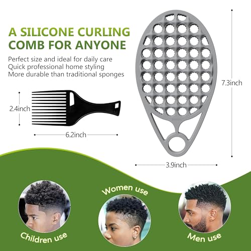 KOUPA Silicone Afro Twist Brush with Pick Comb - Easy Clean Dual-Sided Design with Textured Holes for Defined Afro Curls, Suitable for Coily Hair Men & Women, Grey - color: Gray