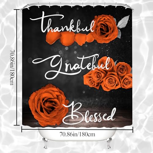 4Pcs Orange Rose Shower Curtain Sets, Thankful Grateful Blessed Bathroom Curtain with Non-slip Rug, Toliet Lid Cover, Bath Mat and 12 Hooks, Juice Flower Romantic Showy Floral Farm Fall Decor for Bath - color: Orange