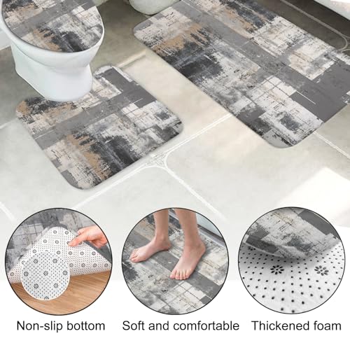 Lnond 4Pcs Bathroom Shower Curtain Sets with Rugs,Black and Grey Painting Art Bathroom Sets with Shower Curtain and Rugs and Accessories - color: Black Grey Brown Abstract