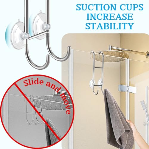 Shower Door Towel Hooks (2-Pack), 9"~13" Length Adjustable Hook for Framed & Frameless Over the Door Glass, Squeegee Holder, Towels Hanger for Bath Suits Rozer Robes Loofahs Shavers, Silver | Fit for Frameless & Framed Doors, Anti-Scratch, Rustproof Towel