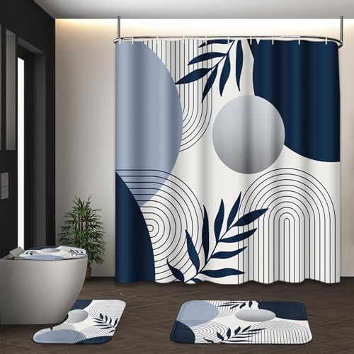 Boho Navy Blue and Grey Shower Curtain Set with Toilet Lid Cover and Non-Slip Rugs, Modern Minimalist Geometric Mid Century Abstract Leaf 4 Pcs Shower Curtain for Bathroom Set with 12 Hooks - color: Retro Blue