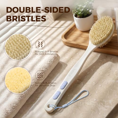 Back Scrubber for Shower with Long Handle, Blue | Double Sided Bristles (Stiff & Soft), Anti-Slip Grip, Lightweight - Gift for Seniors, Includes Lanyard & Hook - color: Blue