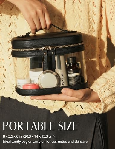 Popvibe Travel Makeup Bag Clear Compact Make Up Vanity Case with Brush Storage and Top Handle, Toiletry Makeup Case Traveling Leather Cosmetic Bag, Portable Medium Large Sized Train Case, Black - color: Black, style: Train Case