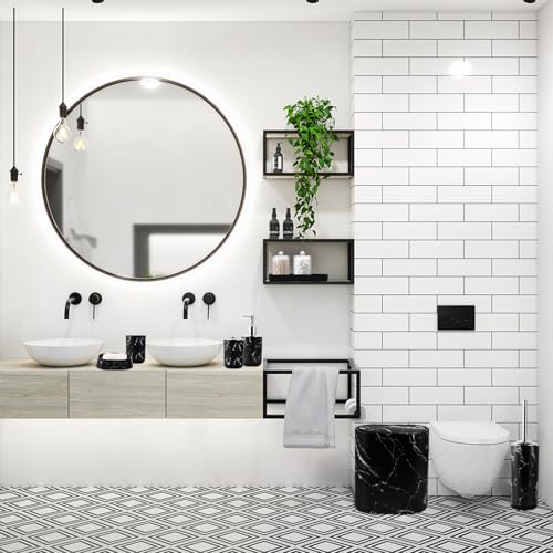 Bathroom Accessories Set, 9-Piece Marble Black Bathroom Set, Black Bathroom Accessories with Slim Trash Can, Soap Dispenser, Toilet Brush, Toothbrush Set, Qtip Holders