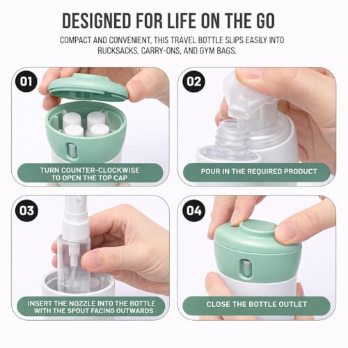 Travigo 4-in-1 Travel Dispenser Bottle, TSA Approved, Leak Proof, Four Reusable 1.4 oz. (40 mL) Toiletry Containers for Shampoo, Conditioner, Soap, Lotion, Skincare (Green) - color: 1 Dispenser (Green)