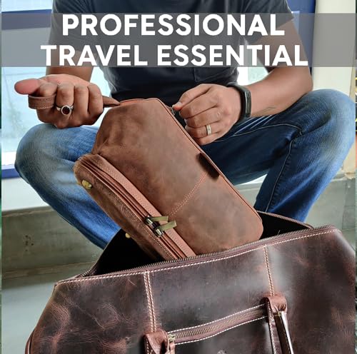 RUSTIC TOWN Leather Toiletry Bag for Men - Travel Gift Shaving Ditty Kit - Bathroom Shower Toiletries Organizer - Cosmetic Makeup Bag for Women - color: Brown