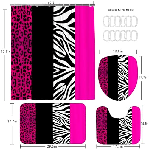 4PCS Leopard Print Shower Curtain Set with Rug, Toilet Lid Cover and Bath Mat, Pink Black Splice Shower Curtain with 12 Hooks, Shower Curtain for Bathroom Decor Set - color: Pink