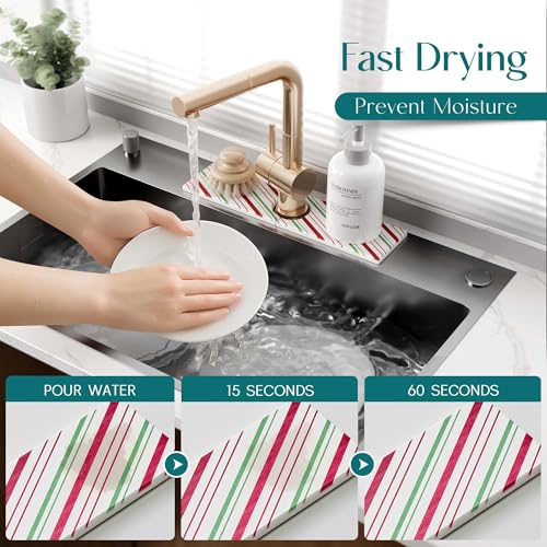 Stone Faucet Mat for Kitchen Sink, Diatomite Drying Stone Mat for Kitchen Counter, Prevent Moisture – Sink Splash Guard for Holiday Gift Home Decor (Red/Green, 15.7''x3.9'') - color: Red/Green, size: 15.7" x 3.9"