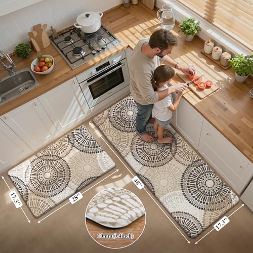 HEBE Anti Fatigue Kitchen Rugs Sets of 2, Non Slip Kitchen Mats for Floor, Waterproof Cushioned Comfort Standing Carpet for Kitchen Sink, Home Office, Laundry Room - color: Floral/Brown, size: 17.3"x48"+17.3"x28"-0.4"Th