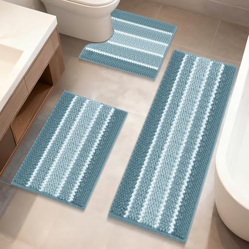 ArtyCozy Chenille Bathroom Rugs 3 Pieces, Extra Thick Absorbent Non Slip Bath Mats with U-Shaped Toilet Rug, Soft Plush Bath Floor Mat Machine Washable, Blue, 17"x24" Plus 20"x48" Plus 20"x24" - color: Blue, size: 17" × 24" + 20" × 48" + 20" × 24"
