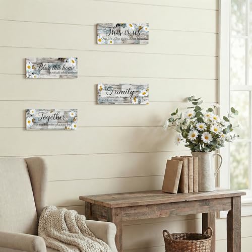 4Pcs Farmhouse Daisy Wooden Wall Art Decor for Living Room Rustic Wood Signs Set Daisy Flower Kitchen Wall Art Together Bless This Home Wooden Plaque Sign for Entryway Bedroom & Housewarming - style: Farmhouse Daisy