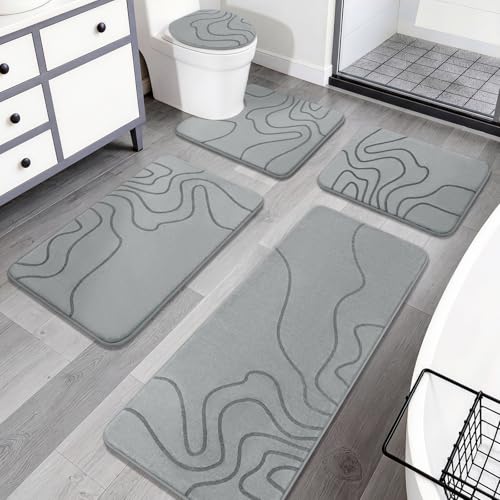 YIHOUSE Memory Foam Bathroom Rugs Sets 5 Piece - Extra Thick Ultra Soft Absorbent Bath Mat Set, Non-Slip Machine Washable Bath Rugs for Bathroom, Tub & Shower, Home Decor Accessories, Grey - color: Grey, size: 1'5" x 3'10" (5 pieces)