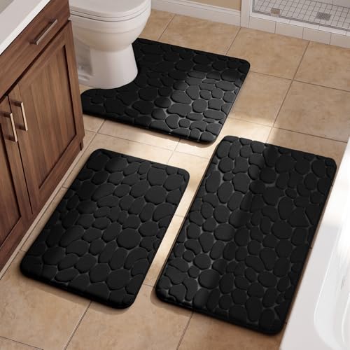 YIHOUSE Bathroom Rugs Mat Set, Memory Foam Bath Mat 3 Piece Black | U Shape+Small Mat, Non Slip, Water Absorbent, Washable, Bath Mat For Bathroom, Sink and Toilet - color: Black, size: 2'8" x 1'8" (Rectangular)