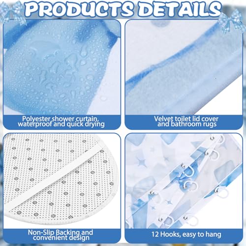 FuWeave 8 Pcs Blue Shower Curtain Set Coquette Blue Bathroom Decor Aesthetic Bow Knot Waterproof Shower Curtain Towels Non Slip Rug Toilet Lid Cover Bath Mat with 12 Hooks for Women Home Bath - color: Blue Bow