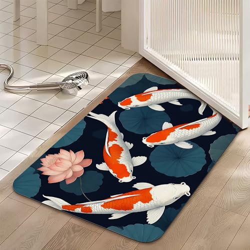 Japanese Fish Bath Mat,Fast Drying Lotus Flowers Leaves Bathmats for Bathroom, Non Slip Soft Diatomaceous Bath Rug Bathroom Accessories Thin Doormat for Home Kitchen 17 X 29.5 Inch - color: Japanese Fish