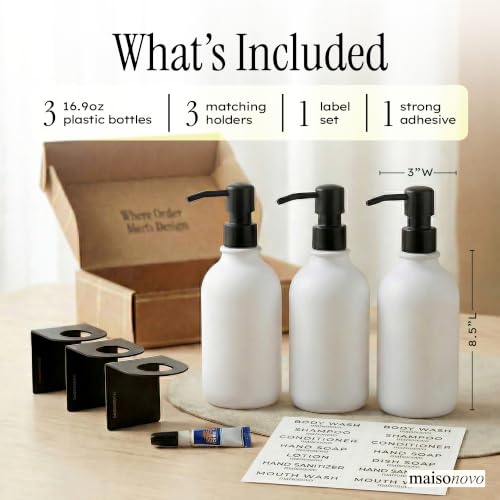 Shampoo and Conditioner Dispenser Wall Mounted Set of 3 White Black - No Drill Shower Soap Dispenser for Bathroom Refillable - Spa Hotel Style Accessories by MaisoNovo - color: White Black Set of 3
