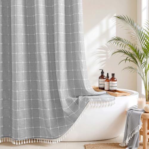Farmhouse Shower Curtain with Snap-in Liner, No Hooks Needed Fabric Shower Curtains with Tassels for Rustic Bathroom Decor, with Window,with Magnets,Water Repellent&Machine Washable,Grey,71x74Inch - color: Grey-window, size: 71"W x 74"L (Pack of 1)
