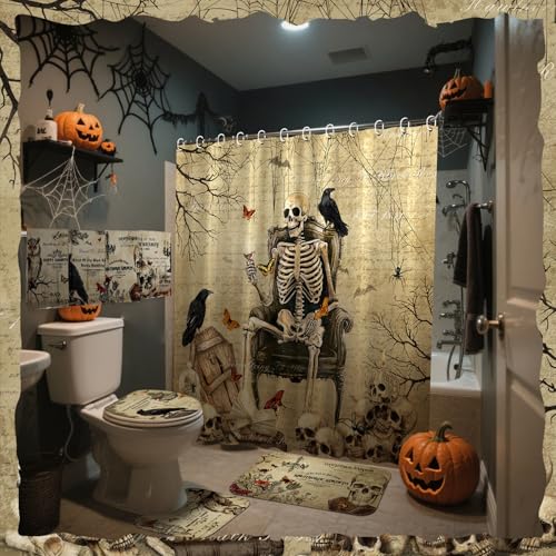 FuWeave 8 Pcs Gothic Shower Curtain Set for Bathroom Include Vintage Skeleton Towels Non Slip Skull Rugs Toilet Lid Cover Spooky Spider Web Bath Mat and 12 Hooks for Gothic Bathroom Decor - color: Gothic Skeleton