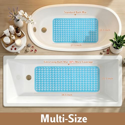 Yimobra Bathtub Mat Non Slip, 35"X16" Shower Mat with Strong Suction Cups & Drain Holes, Long Anti Slip Bath Tub Mat for Inside Shower, Machine Washable Fast Drying, Bathroom Essentials, Clear Blue - color: Clear Blue, size: 34.5 X 15.5 Inch