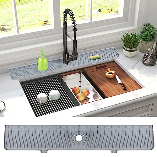 Derlights 30 inch Sink Splash Guard Mat,Silicone Faucet Handle Drip Catcher Tray, Longer Silicone Sink Mat for KitchenBathroom, Drip Protector Splash Countertop (gray) - size: 30 inch