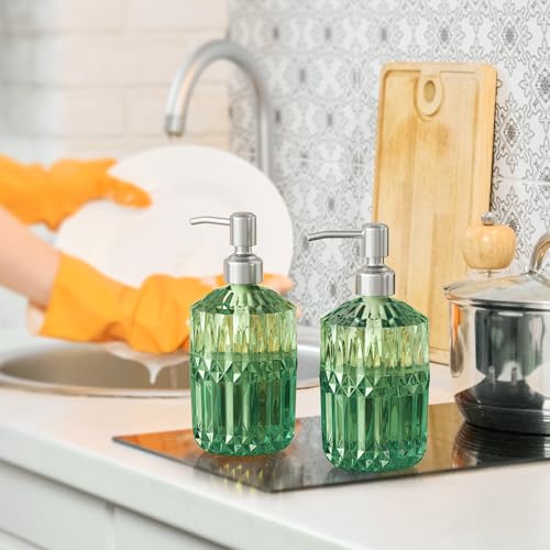 AmazerBath Soap Dispenser, 2 Pack Green Glass Soap Dispenser with Pump Stainless Steel, 14.2OZ Refillable Hand Soap Bottles Bathroom Kitchen - color: Green & Stainless Steel - 2 Pack